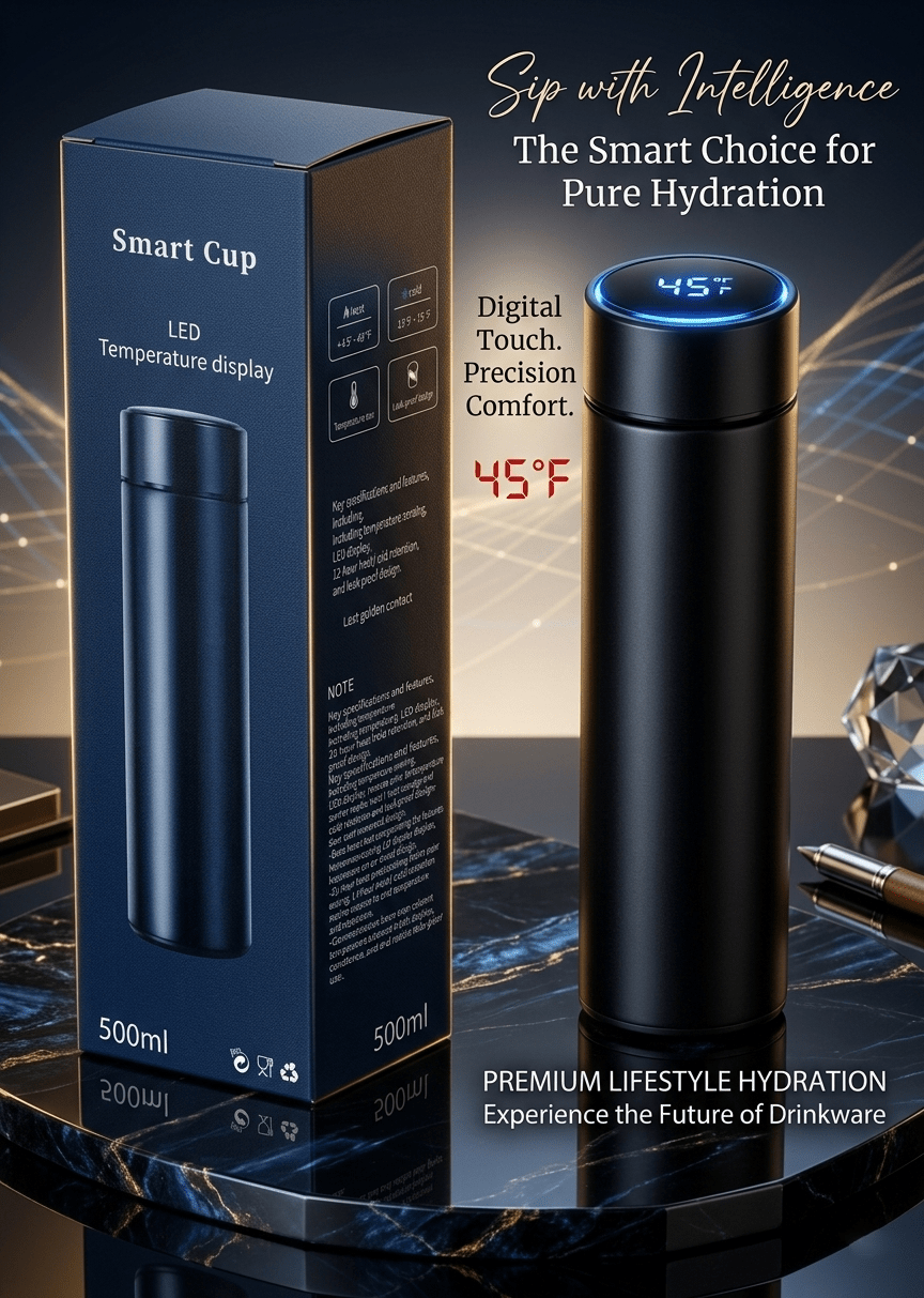 Smart LED Temperature Display Water Bottle – 500ML Stainless Steel Insulated Flask - Draw Bot Kids